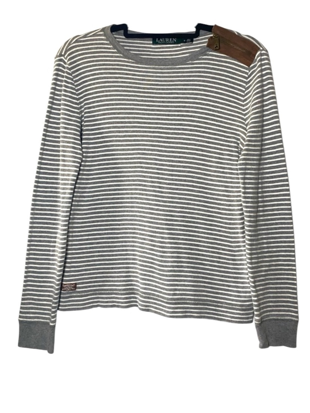 Lauren Ralph Lauren Striped Shirt Women’s Medium Gray White Elbow Patch Top